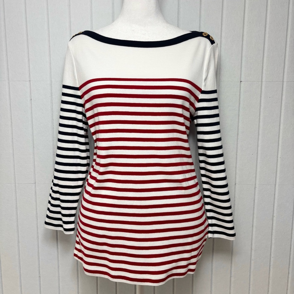 Ralph Lauren Boat Neck Striped 3/4
Sleeve Cotton Top Red, White,Navy Size L USA